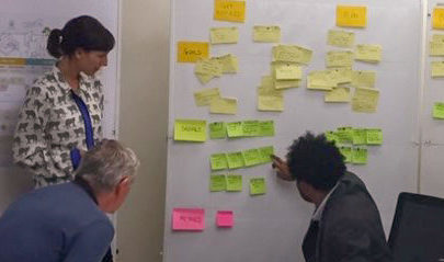 3 people taking part in a workshop; pointing out specific posts on a whiteboard