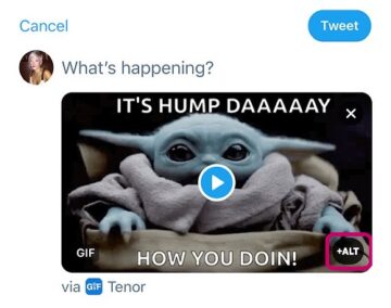 Image 1 of how to add ALT text to a GIF or image in Twitter - select the image, click the +ALT button in the bottom right corner.