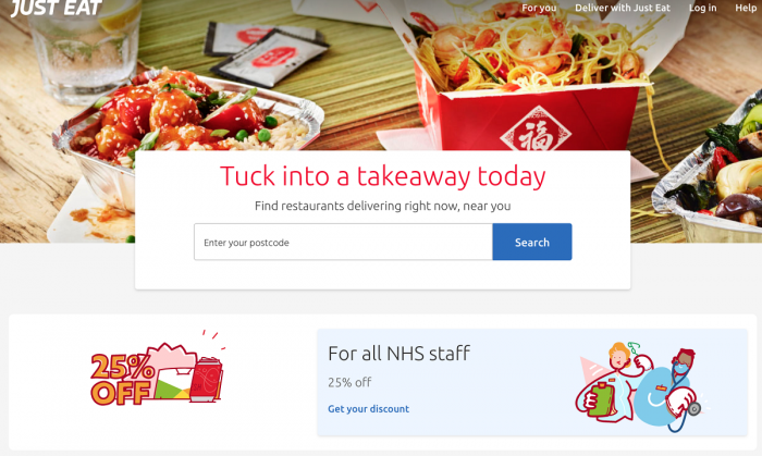 Just Eat website call to action; Enter postecode to search for resturants delivering in your area. 