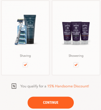 Email from Dollar Shave Club; two options shaving or showering. You qualify for a 15 percent discount. Click to continue.