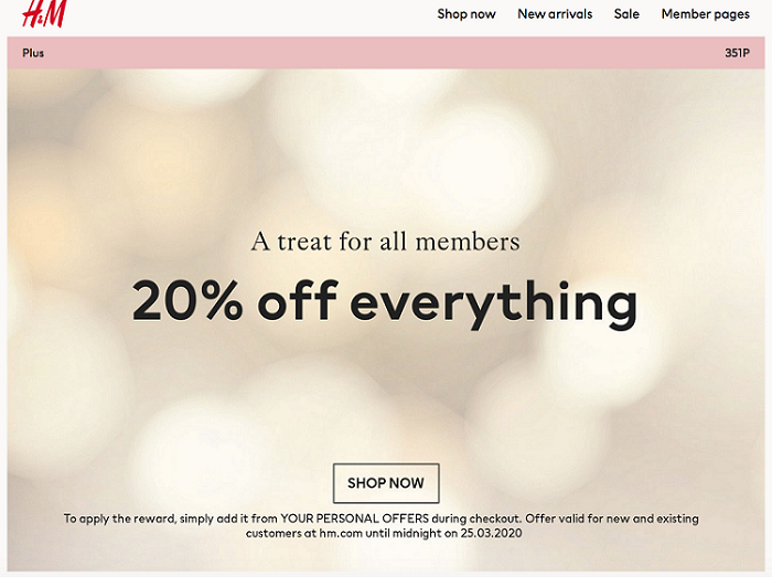 Email from HandM; 20 percent off everything