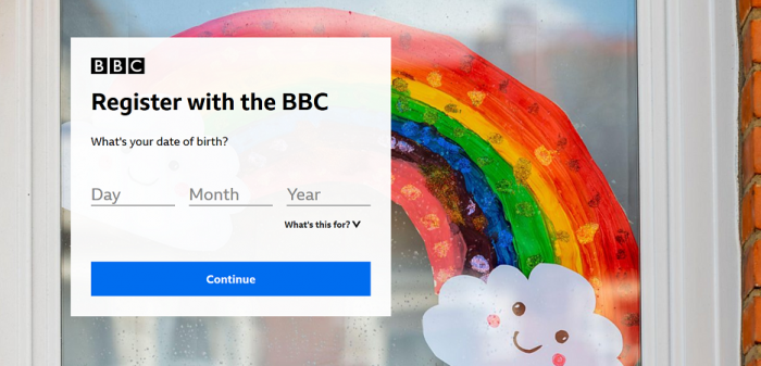 BBC registration form; with a rainbow behind