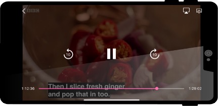 Mobile phone playing BBC iPlayer with subtitles