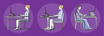 Ergonomics images of people sitting at various tables to work