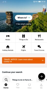 The homepage of the Tripadvisor app, showing icons alongside each category label, such as a bed for ‘Hotels’.
