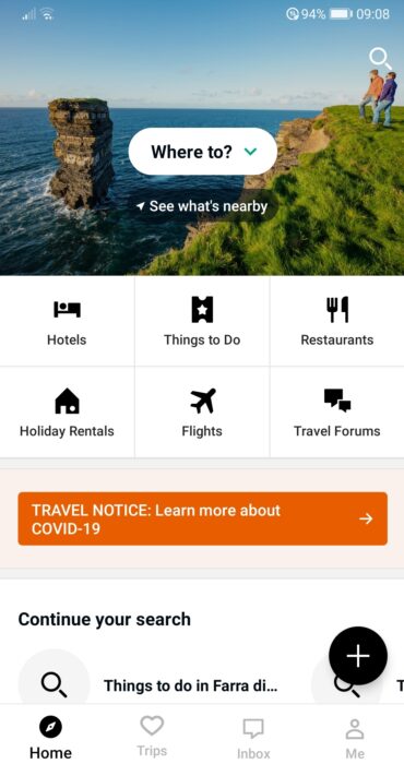 The homepage of the Tripadvisor app, showing icons alongside each category label, such as a bed for ‘Hotels’. 