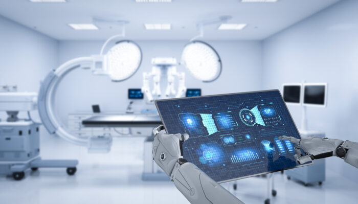 Medical technology concept with 3d rendering robot hand hold tablet with graphic display in surgery room