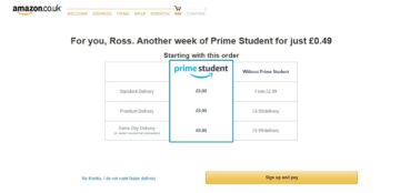 Screen shot of Amazon showing how uses confirm-shaming to encourage users to sign up to Prime Student.