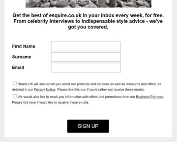 Screenshot of Esquire Newsletter sign up, one checkbox is used to opt in and the other to opt out of receiving email communications.