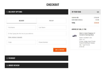 Nike removes unnecessary design elements from the checkout screen and guides the user through three clear steps.