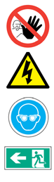 4 types of signage - 1. Warning stop sign. 2. Warning electric shock hazard. 3. Blue instruction sign - wear goggles. 4. Green rectangular exit sign.