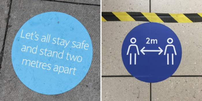 Left image: Social distancing floor signage - Blue circle on the ground showing where to stand in a queue. Right image: COVID19 social distancing floor signage - blue circle remain 2 meters apart and hazard tape.