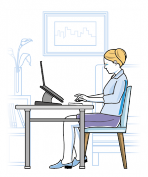 Graphic image of a lady working at a home, with her desk set up at a table, using a laptop raiser.