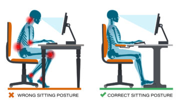 Two images of a silhouette of a person sat at a workstation, one leaning forward, hunched over, showing pain points in red, and the other sitting in a correct posture, with their back against the chair