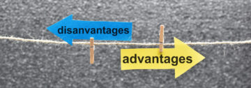 (alt=" blue arrow pointing left with the word, disadvantages. And a yellow arrow pointing right with the word, advantages")