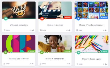 The dashboard from the online research platform with six different areas: Welcome & Instructions. Mission 1: About me. Mission 2: Your favourite games. Mission 3: Cool or uncool? Mission 4: Games review. Mission 5: Design a game