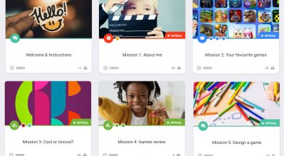 (alt="The dashboard from the online research platform with six different areas: Welcome & Instructions. Mission 1: About me. Mission 2: Your favourite games. Mission 3: Cool or uncool? Mission 4: Games review. Mission 5: Design a game")