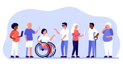 Alt Text - (alt=”Illustration of A group of 6 people with varying ability and different access needs interacting with different technologies. 