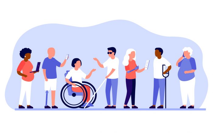 Alt Text - (alt=”Illustration of A group of 6 people with varying ability and different access needs interacting with different technologies.