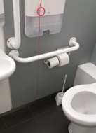 (alt=”Accessible toilet with emergency call pull cord with only one bangle”)