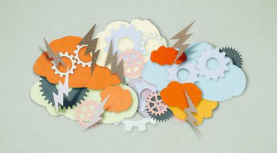 Alt Text - (alt=”Textured, paper cutting of shapes brains, cogs, clouds, and lightening.”)