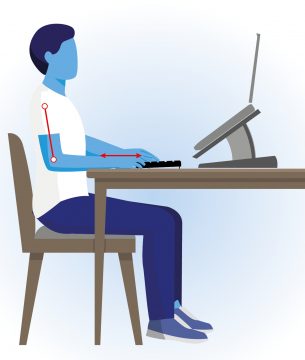 Alt Text - (alt=”Graphic of man sitting at dining table set up as a desk with a keyboard and laptop raiser”)