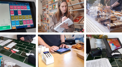 Photos of consultants carrying out research on payment systems