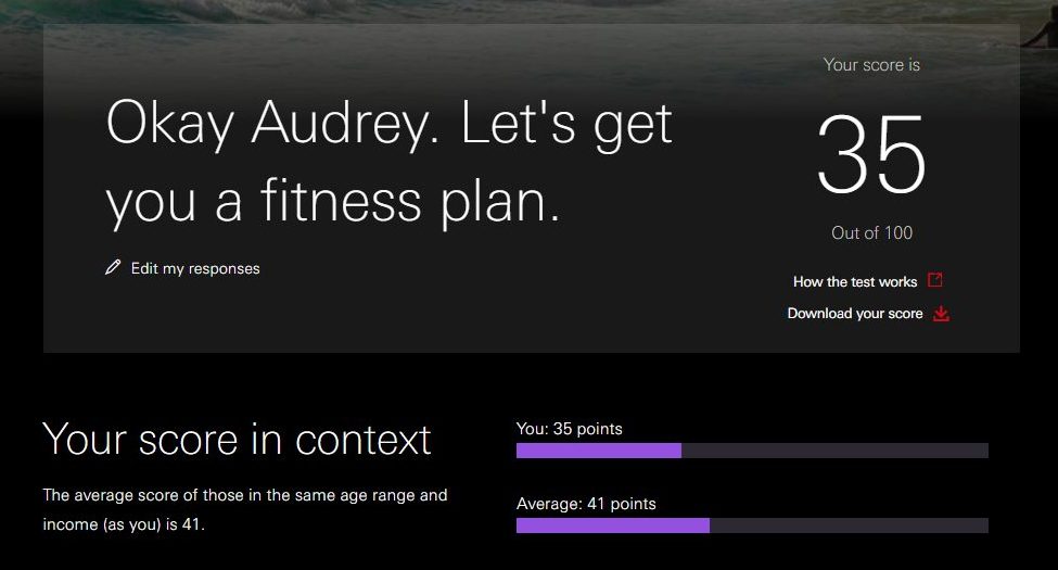 (alt="A screenshot of a webpage that says ‘Okay Audrey. Let’s get you a fitness plan. Your score is 35 out of 100.’, with a bar chart showing Audrey’s score of 35 points, above an average of 41 points, for the same age range and income.”)