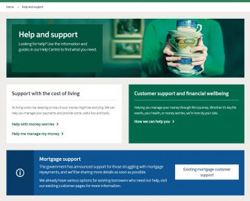 A screenshot of a webpage titled ‘Help and support’ with sections for ‘Support with the cost of living’, ‘Customer support and financial wellbeing’ and ‘Mortgage support'