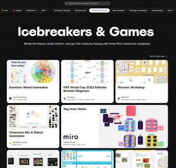 A screenshot of a Miroverse webpage titled ‘Icebreakers & Games’ with multiple tiles showing a preview of the Miro board, a title, and the author.