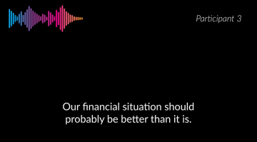 (alt="Quote from participant - Our financial situation should probably be better than it is”)