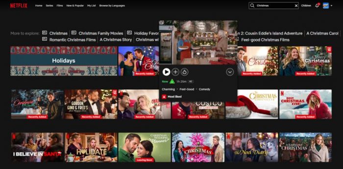 Screenshot of Netflix, showing a selection of Christmas movies, with one highlighted showing the rating and genres