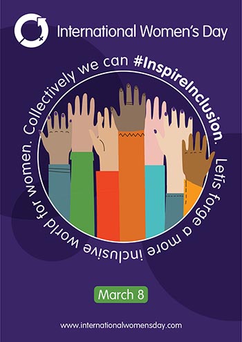 Purple square with circular image of people raising hands in support for International Women's Day on 8 March 2024. With the words "Lets forge a more inclusive world for women. Collectively we can #InspireInclusion"